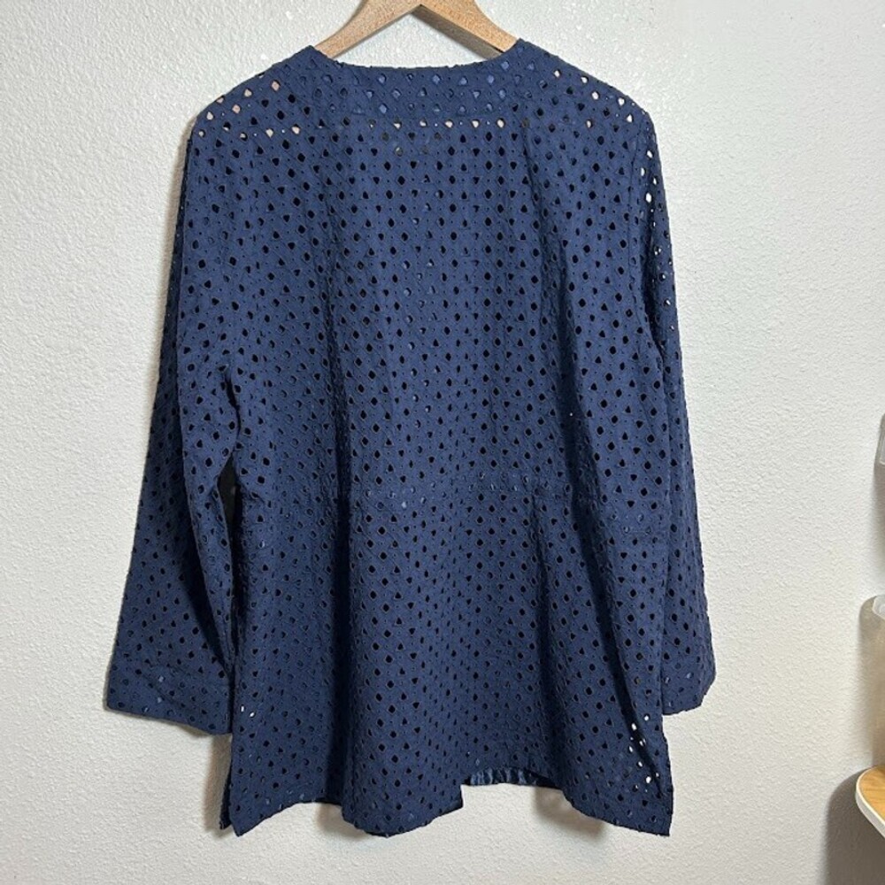 NEW Chico's Eyelet Jacket 3 US XL Navy Blue 100% Cotton Button Up Long Cinch NWT - Picture 4 of 11